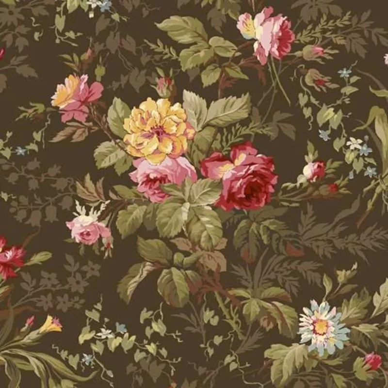 (R161751D BROWN) Kathleen's Story Medium Floral Brown by Chris Schulte for Marcus Fabrics. Sold in 1/2 Yard Increments